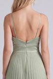 Sage A Line Pleated Spaghetti Straps Long Bridesmaid Dress