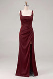 Coffee Mermaid Square Neck Bridesmaid Dress with Slit