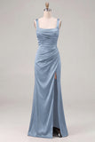 Coffee Mermaid Square Neck Bridesmaid Dress with Slit