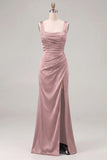 Coffee Mermaid Square Neck Bridesmaid Dress with Slit