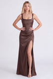 Coffee Mermaid Square Neck Bridesmaid Dress with Slit