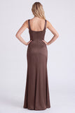 Coffee Mermaid Square Neck Bridesmaid Dress with Slit