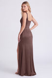Coffee Mermaid Square Neck Bridesmaid Dress with Slit