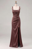 Coffee Mermaid Square Neck Bridesmaid Dress with Slit