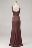 Coffee Mermaid Square Neck Bridesmaid Dress with Slit