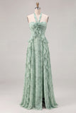 Sage Halter A Line Ruffle Floral Bridesmaid Dress with 3D Flower
