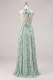 Sage Halter A Line Ruffle Floral Bridesmaid Dress with 3D Flower