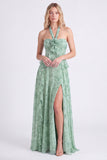 Sage Halter A Line Ruffle Floral Bridesmaid Dress with 3D Flower