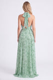 Sage Halter A Line Ruffle Floral Bridesmaid Dress with 3D Flower