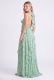 Sage Halter A Line Ruffle Floral Bridesmaid Dress with 3D Flower
