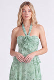 Sage Halter A Line Ruffle Floral Bridesmaid Dress with 3D Flower