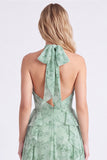 Sage Halter A Line Ruffle Floral Bridesmaid Dress with 3D Flower