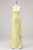 Light Blue Strapless Corset Jacquard Bridesmaid Dress with Sash