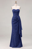 Light Blue Strapless Corset Jacquard Bridesmaid Dress with Sash