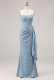 Light Blue Strapless Corset Jacquard Bridesmaid Dress with Sash
