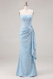 Light Blue Strapless Corset Jacquard Bridesmaid Dress with Sash