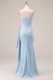 Light Blue Strapless Corset Jacquard Bridesmaid Dress with Sash