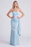 Light Blue Strapless Corset Jacquard Bridesmaid Dress with Sash