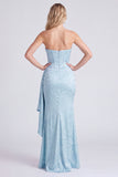 Light Blue Strapless Corset Jacquard Bridesmaid Dress with Sash