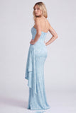 Light Blue Strapless Corset Jacquard Bridesmaid Dress with Sash