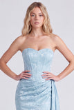 Light Blue Strapless Corset Jacquard Bridesmaid Dress with Sash