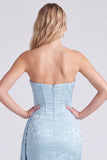 Light Blue Strapless Corset Jacquard Bridesmaid Dress with Sash