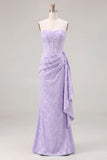 Light Blue Strapless Corset Jacquard Bridesmaid Dress with Sash