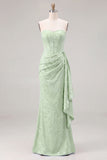 Light Blue Strapless Corset Jacquard Bridesmaid Dress with Sash