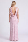 Pink Boat Neck Sheath Long Bridesmaid Dress with 3D Flowers