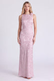 Pink Boat Neck Sheath Long Bridesmaid Dress with 3D Flowers