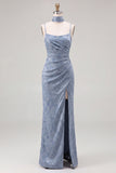 Dusty Blue Floral Sheath Long Bridesmaid Dress with Slit