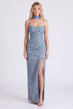 Dusty Blue Floral Sheath Long Bridesmaid Dress with Slit