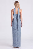 Dusty Blue Floral Sheath Long Bridesmaid Dress with Slit