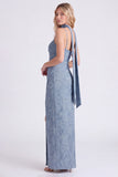 Dusty Blue Floral Sheath Long Bridesmaid Dress with Slit