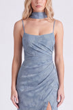 Dusty Blue Floral Sheath Long Bridesmaid Dress with Slit