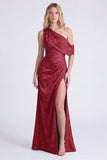 Light Blue One Shoulder Jacquard Mermaid Bridesmaid Dress with Slit