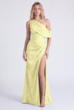 Light Blue One Shoulder Jacquard Mermaid Bridesmaid Dress with Slit