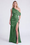 Light Blue One Shoulder Jacquard Mermaid Bridesmaid Dress with Slit