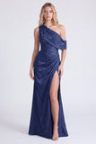 Light Blue One Shoulder Jacquard Mermaid Bridesmaid Dress with Slit