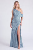 Light Blue One Shoulder Jacquard Mermaid Bridesmaid Dress with Slit