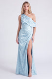 Light Blue One Shoulder Jacquard Mermaid Bridesmaid Dress with Slit