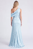 Light Blue One Shoulder Jacquard Mermaid Bridesmaid Dress with Slit