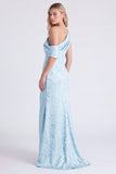 Light Blue One Shoulder Jacquard Mermaid Bridesmaid Dress with Slit