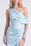 Light Blue One Shoulder Jacquard Mermaid Bridesmaid Dress with Slit
