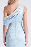 Light Blue One Shoulder Jacquard Mermaid Bridesmaid Dress with Slit
