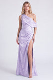Light Blue One Shoulder Jacquard Mermaid Bridesmaid Dress with Slit