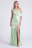Light Blue One Shoulder Jacquard Mermaid Bridesmaid Dress with Slit