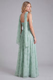 Sage A Line Corset Floral Long Bridesmaid Dress with Scarf