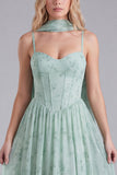 Sage A Line Corset Floral Long Bridesmaid Dress with Scarf