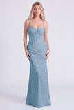 Mermaid Corset Jacquard Light Blue Bridesmaid Dress with Bow